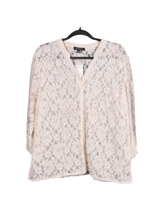 Notations Tops - Lace Button Up Blouse XL Womens NEW Beige Sheer 3/4 Sleeves Shirt VNeck